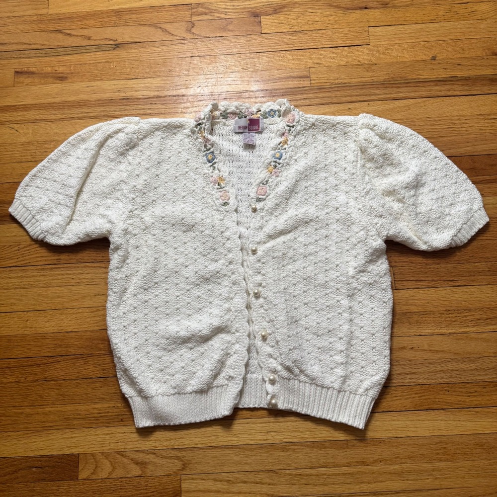 Sheridan Square Womens White Floral Embroidered Popcorn Knit Cardigan M 80s 90s